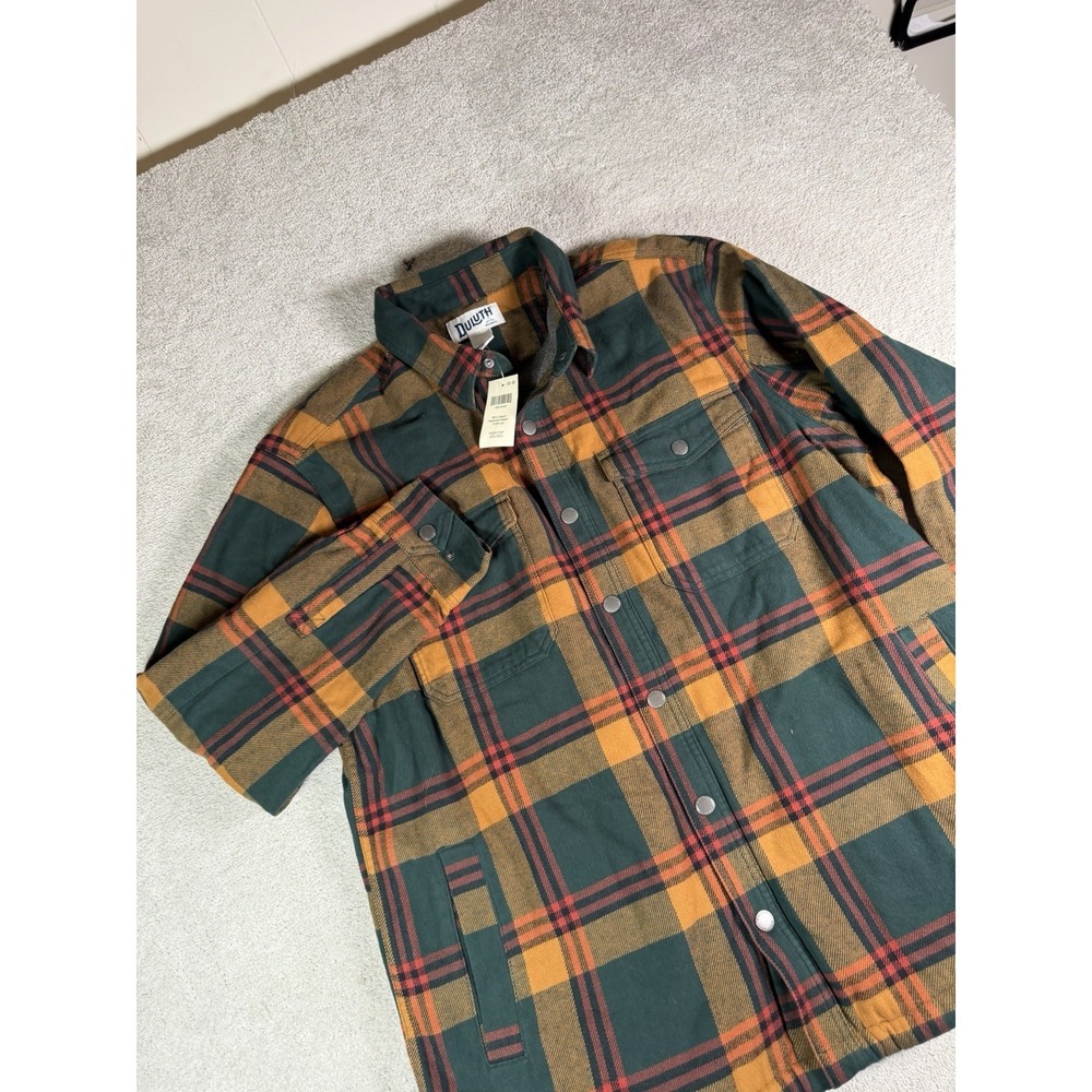 Duluth Shacket Mens L Green Plaid Flapjack Fleece Lined Regular Fit NWT Shirt